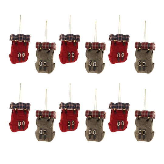 95029DS 4.5 in. Polyester Backpack Ornament, Red, Green & Brown - Set of 12